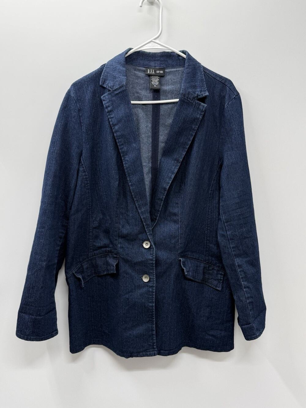 D.F.A New York Denim Blazer Women Long Sleeve Button Front Blue Sz XL Stretch